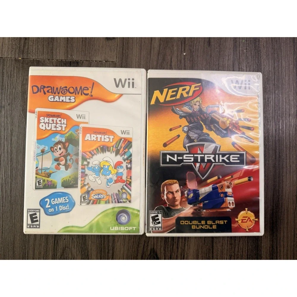 Drawsome Games & Nerf N-Strike Double Blast Bundle Wii Lot Complete Tested